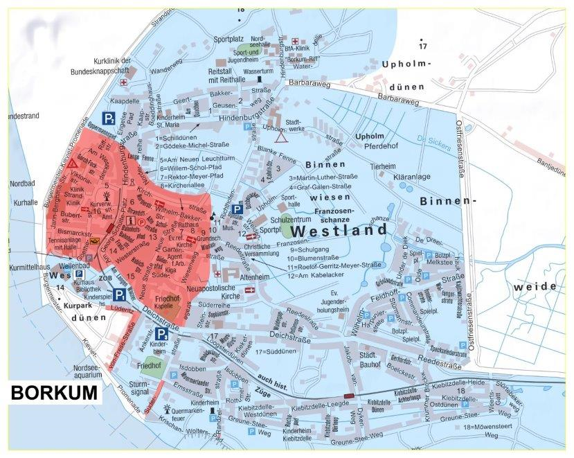 Bild vergrößern: Zonenplan für die Stadt Borkum mit der blauen (Fahrverbot zwischen 21:00 - 07:00 Uhr) und roten (Fahrverbotszone) Zone