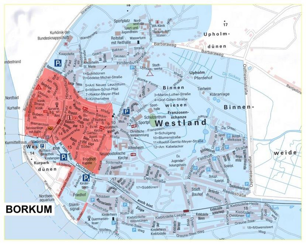 Zonenplan für die Stadt Borkum mit der blauen (Fahrverbot zwischen 21:00 - 07:00 Uhr) und roten (Fahrverbotszone) Zone
