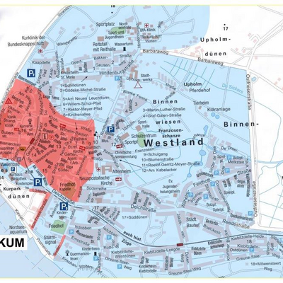 Zonenplan für die Stadt Borkum mit der blauen (Fahrverbot zwischen 21:00 - 07:00 Uhr) und roten (Fahrverbotszone) Zone